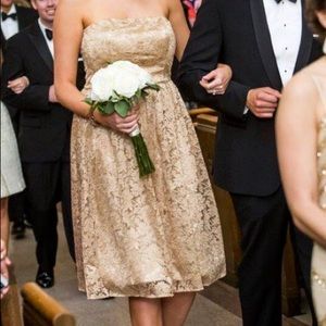 Gold lace strapless cocktail dress